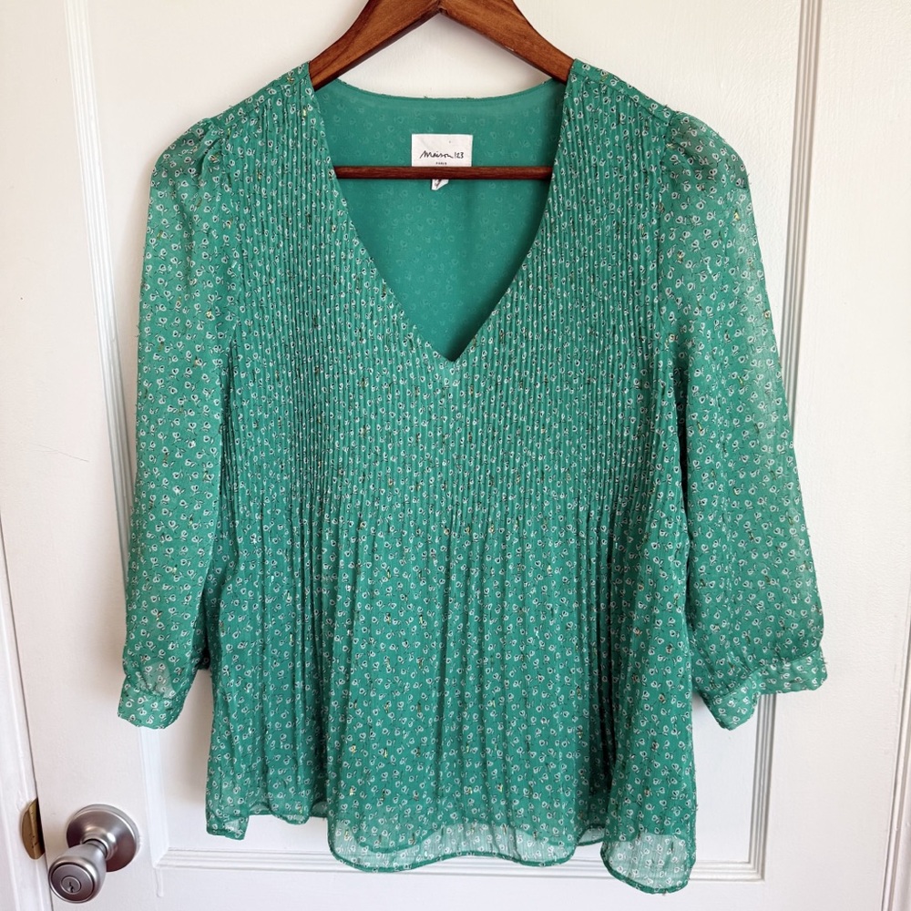 Maison 123 Green Floral Printed Blouse Pleated w/ Gold Speckles